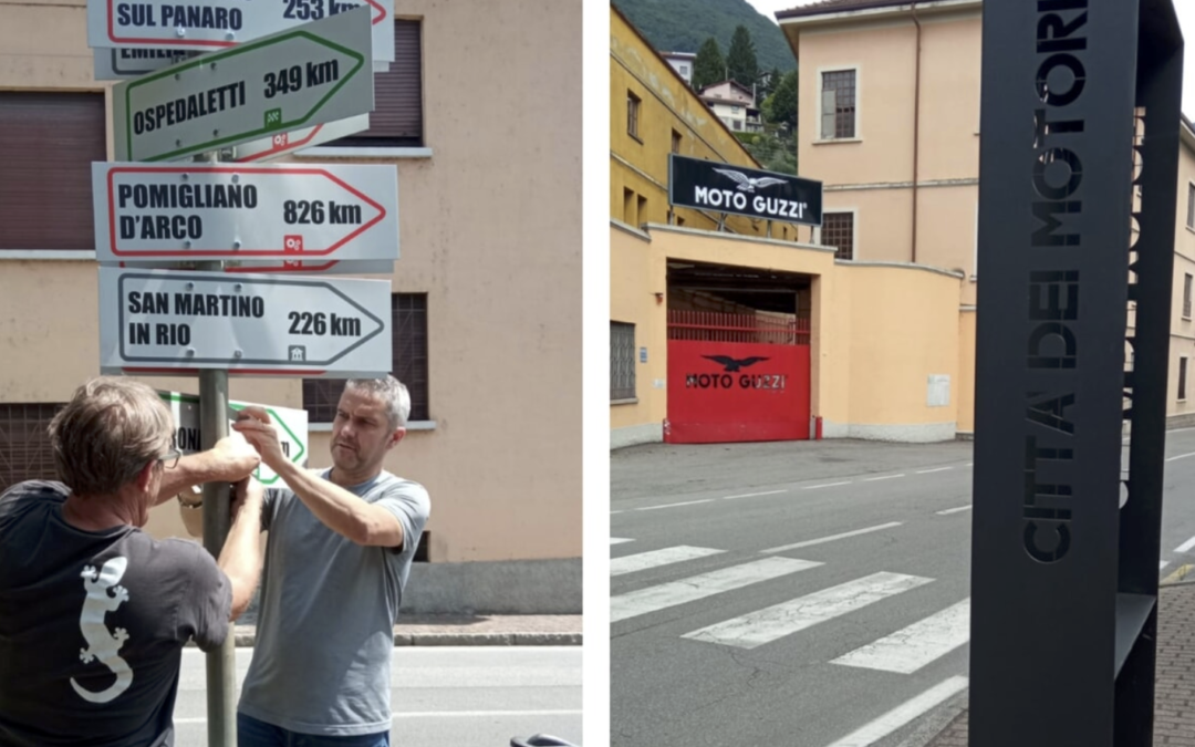 A Mandello inaugurazione dei cartelli stradali del viaggio Guzzi nelle CdM. Fasoli “Segnale importante per far capire valenza settore motori per il turismo”.